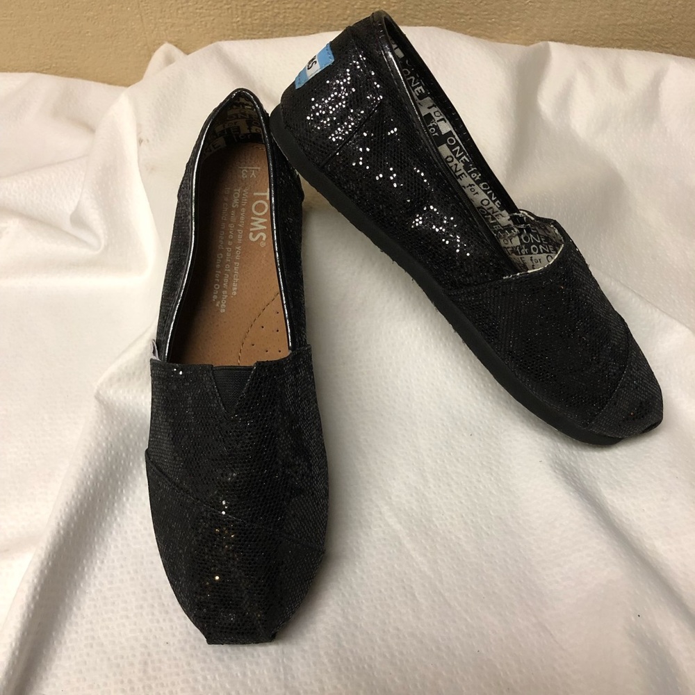 New Toms Girls Black Glittery Slip ons